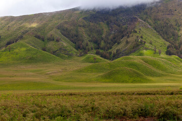 Landscape of green hills in the mountains on a cloudy day. Location of Mount Bromo in Bromo Tengger Semeru National Park, East Java, Indonesia