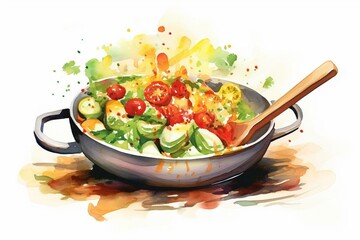 Watercolor-style clipart of vegetables being cooked. Generative AI