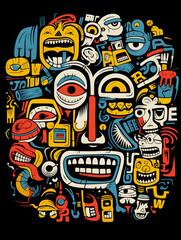 T-shirt design, art brut face crowd, art print created with Generative Ai