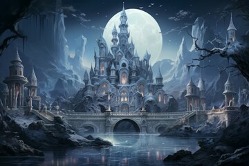 Fototapeta premium Bewitching moonstone fountains in Fantasy - Generative AI