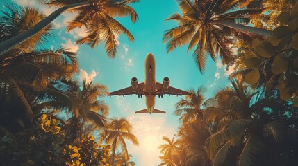 Summer and palm trees with a plane flying in the background, in the style of immersive