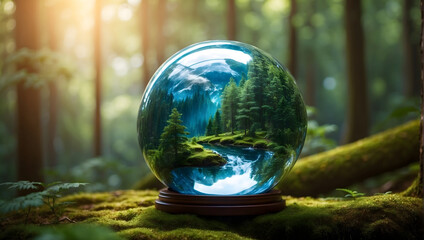 Globetrotter's Oasis: A Glass Globe Amidst a Vibrant Forest, a Symbol of Nature and Sustainability. Infused with Magic and Majesty, Promoting Climate Change Awareness and Environmental Preservation. - obrazy, fototapety, plakaty