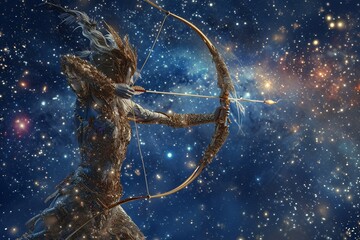 A celestial archer with a golden bow and arrow Generative AI - obrazy, fototapety, plakaty