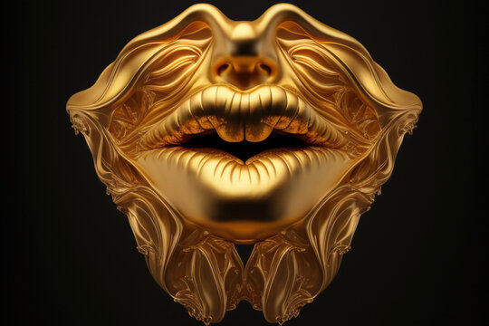Złote usta kobiece - ilustracja bogatego języka m&oacute;wionego, maska karnawałowa, pokusa - Golden female mouth - illustration of rich spoken language, carnival mask, temptation - AI Generated
