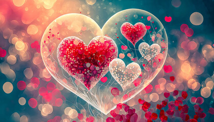 Coeur translucide rempli de coeurs rouge et blancs avec un magnifique bokeh, Saint Valentin, mariage, sentiment d'amour et de romantisme - obrazy, fototapety, plakaty