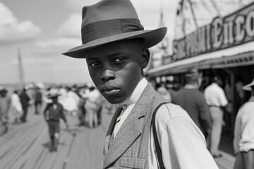 B&W portrait of a young African American man in Coney Island in the 1930's. Pensive and guarded expression and thoughtful emotion.