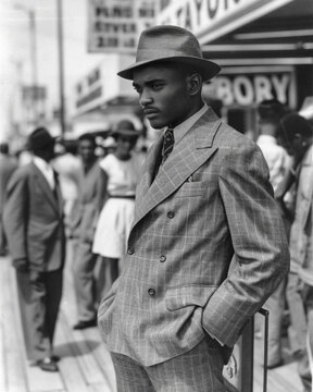 B&W portrait of a young African American man in Coney Island in the 1930's. Pensive and guarded expression and thoughtful emotion.