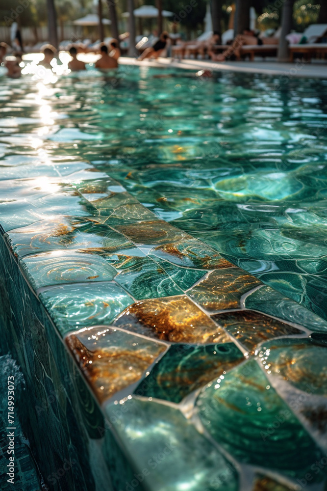 Poster an abstract portrayal of a pool with geometric, mosaic tiles that shift patterns as swimmers pass,