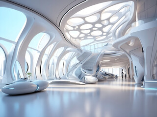 Beautiful modern futuristic building interior architecture design.  3d rendering 