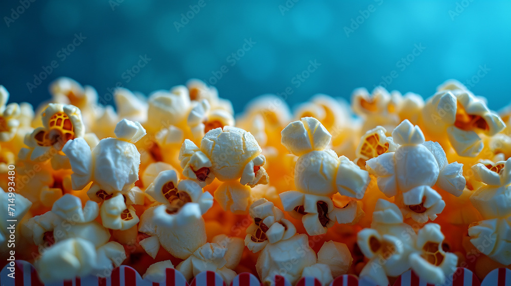 Poster an illustration of a row of popcorn pieces gradually decreasing in size, creating a perspective effe