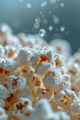 A depiction of a popcorn piece with a single, tiny droplet of water on it, magnifying its texture,