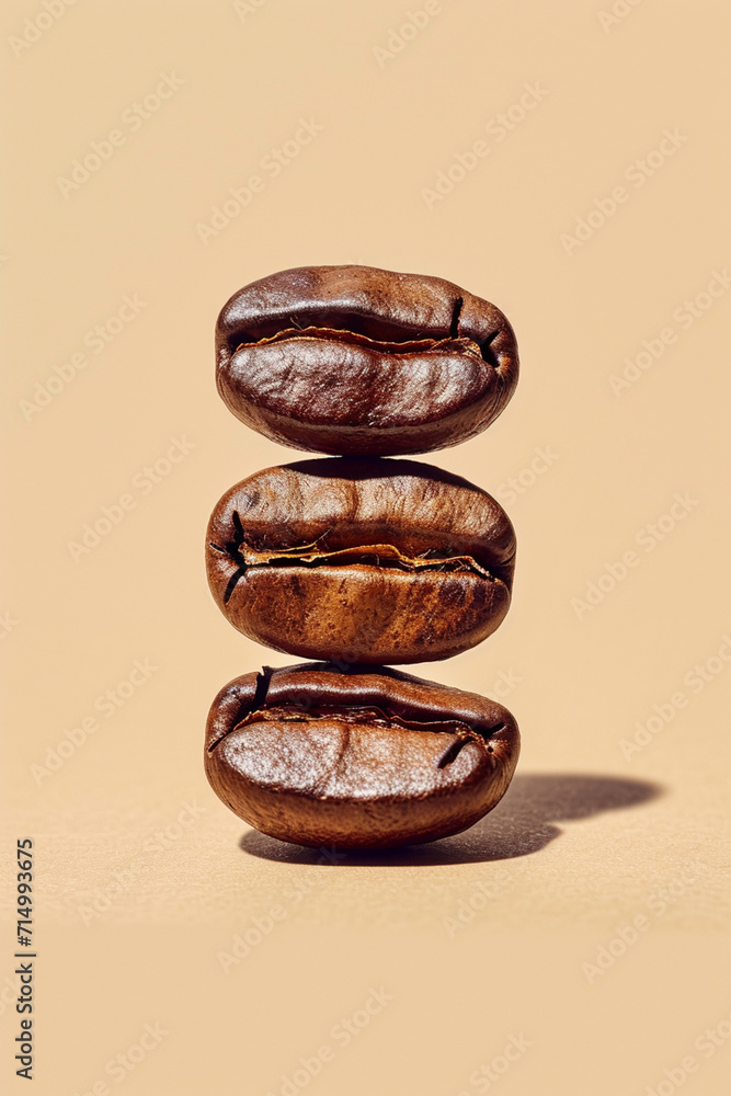 Poster an illustration of a row of coffee beans decreasing in size to create a perspective effect on a plai