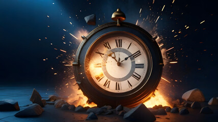 Time Unleashed: 3D Render of a Clock in Elemental Chaos with Fiery Explosion and Rock, Vibrant Blue...