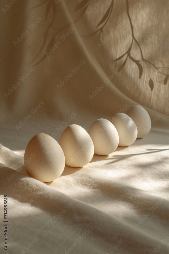 Poster a minimalist scene with eggs arranged to resemble a simplistic landscape on a vast canvas,