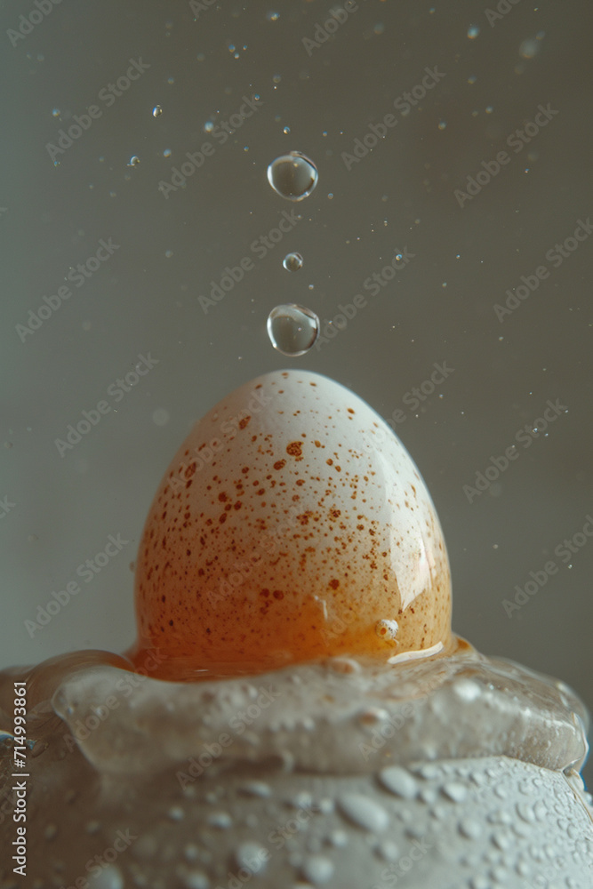 Poster an image of an egg with a tiny droplet of water on it, magnifying its texture and color,