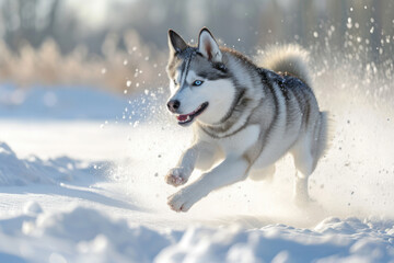 siberian husky jump in snow