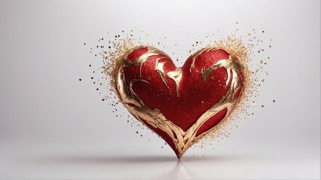 Red heart with gold elements on white background, heart wallpaper 8K,  Valentine day heart