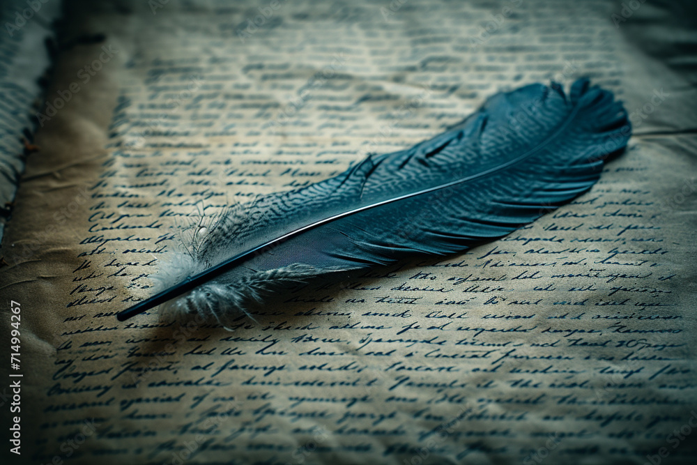 Poster an image of a single, elegant feather pen on a script, symbolizing the craft of screenwriting,