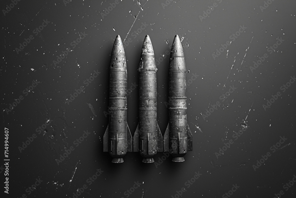Poster a portrayal of three rockets arranged in a perfect triangle against a monochromatic backdrop, symbol