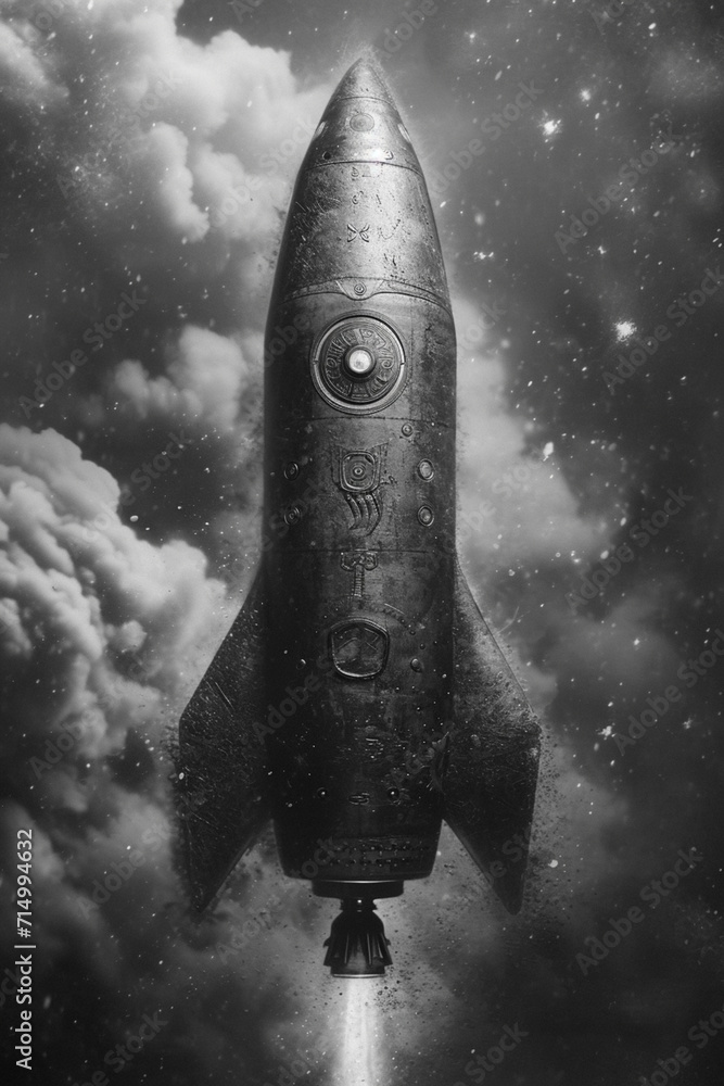 Poster a depiction of a rocket with a tiny, intricate pattern or design etched onto its body, adding a touc