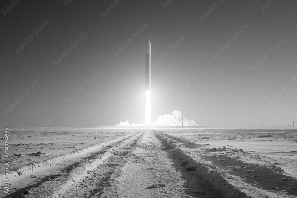 Poster an image of a rocket at the end of a minimalist, straight path on a plain surface, representing a cl
