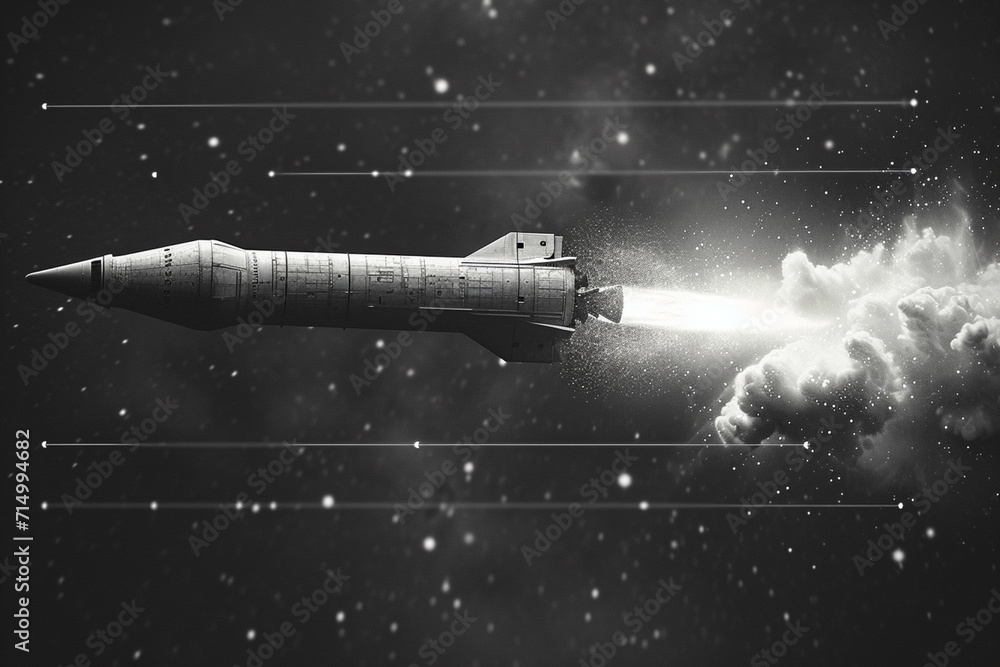 Poster an image of a rocket, with its flight path marked by a dotted line on a simple background, symbolizi