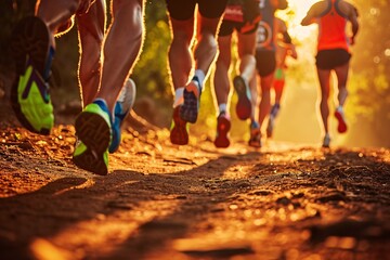 A group of runners running on a dirt trail. Generative AI