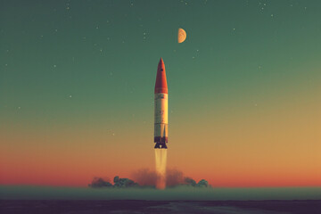 A minimalist scene of a rocket juxtaposed with a small, colorful celestial body, creating contrast and depth,