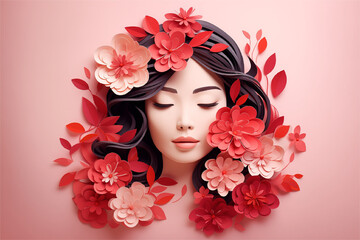Asian girl in paper cut style on pink background, copy space, banner for Women's Day