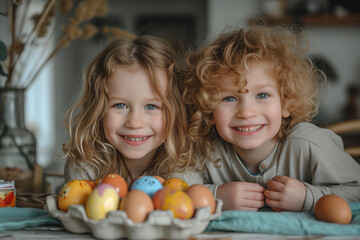 Fototapeta premium Portrait of two happy children posing with easter eggs on a wooden table.
