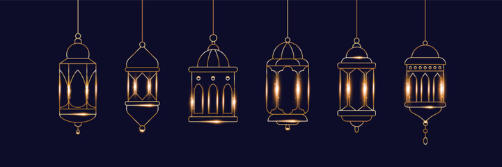 Line style golden lanterns. A set of elements on a dark background with glitter, glow, flash. Eid Mubarak, Ramadan. Vector illustration