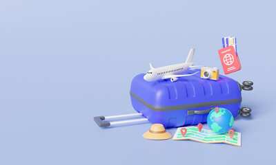 Travel online. Travel online booking service, Trip planning, Travel to World, Aircraft trip, Trips and flights abroad, Travel equipment and luggage, Tourism and booking concept. 3d render illustration