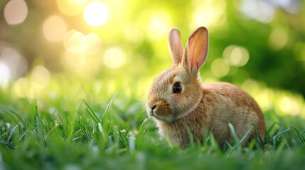 Cute bunny on spring grass, sunny bokeh on background.
