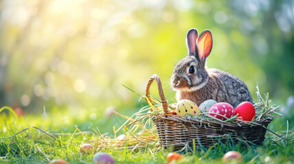 Fototapeta na wymiar Easter bunny with Easter eggs in a basket, green spring background, copy space. 