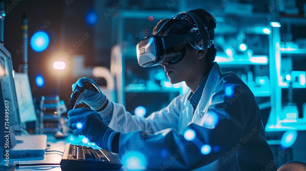 Poster man wearing a lab coat and using a vr headset generative ai