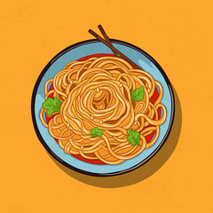 Chinese noodles in a plate with chopsticks. Cooked noodles with green leaves top view. Illustration in cartoon style suitable for a cafe menu.