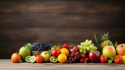 Fresh organic market fruits  (apples, pineapple, kiwi, oranges, grapes) on wooden background, banner, copy space.