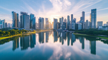 An overhead shot of a vibrant cityscape with modern skyscrapers reflected in a calm river. The image represents the intersection of urban life and water conservation, highlighting - obrazy, fototapety, plakaty