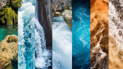 A collage of diverse water sources, from babbling brooks to powerful waterfalls, showcasing the various forms and environments in which water exists. The image serves as a visual r