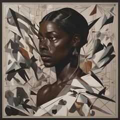 Illustration of diverse Black brown Woman Girl with beautiful face with blue paint on abstract backround like street art or carving. very detailed Expression social woke gender, ethnicity race theme