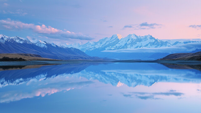 A panoramic view of a serene lake at sunrise, surrounded by snow-capped mountains. The tranquil scene emphasizes the significance of preserving freshwater resources in pristine nat