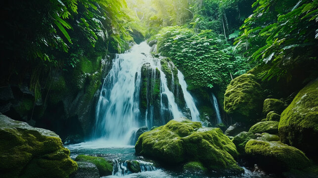 A powerful image of a pristine waterfall cascading down moss-covered rocks in a lush rainforest. The crystal-clear water and vibrant greenery symbolize the beauty and importance of