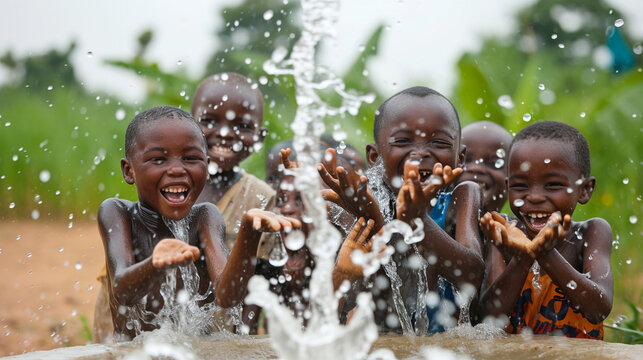 A group of children joyfully playing with water from a community well in a developing region. The image emphasizes the human connection to water and the importance of ensuring acce