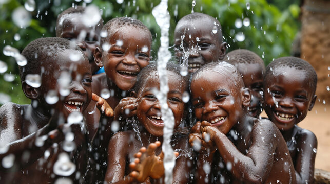 A group of children joyfully playing with water from a community well in a developing region. The image emphasizes the human connection to water and the importance of ensuring acce