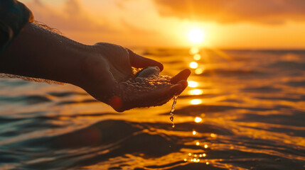 A conservationist releasing rehabilitated marine life back into the ocean against the backdrop of a setting sun. The image symbolizes the efforts to protect and restore aquatic eco - obrazy, fototapety, plakaty