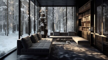 A glass room in a snowy forest, with a modern and minimalist aesthetic, harmoniously blends with the dark and moody landscape, creating a warm and welcoming ambiance thanks to natural light