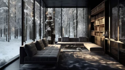 Fotobehang A glass room in a snowy forest, with a modern and minimalist aesthetic, harmoniously blends with the dark and moody landscape, creating a warm and welcoming ambiance thanks to natural light © cristian