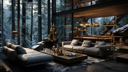 A glass room in a snowy forest, with a modern and minimalist aesthetic, harmoniously blends with the dark and moody landscape, creating a warm and welcoming ambiance thanks to natural light