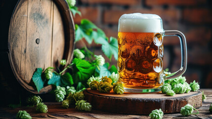 Beer mug , wooden barrel and green hops on the background. 
