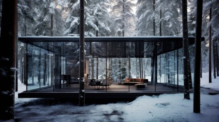 A glass room in a snowy forest, with a modern and minimalist aesthetic, harmoniously blends with the dark and moody landscape, creating a warm and welcoming ambiance thanks to natural light